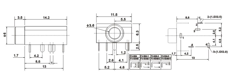 Dimensões Jack P2 Estéreo PJ-324M